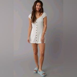 NWOT American Eagle White Button-Down Puff Sleeve/Strap Mini Dress Size Small